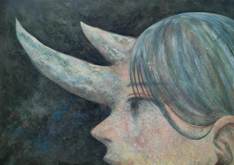 ｶﾞﾎｫの作品。暗い背景に、角のある人物の横顔を描いた絵画