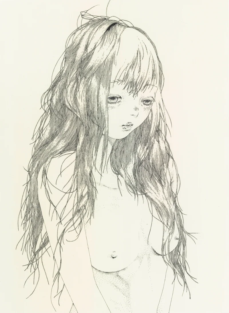 キヅキの作品。長い髪の少女を、細いペンの線と点で描いた作品
